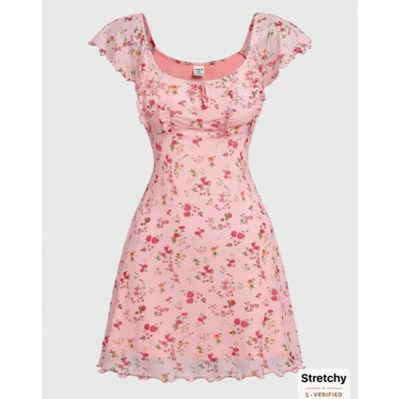 SheIn Dresses & Skirts - Shein Y2K 90's Babydoll Pink Floral Mini Dress Small (4) Stretchy